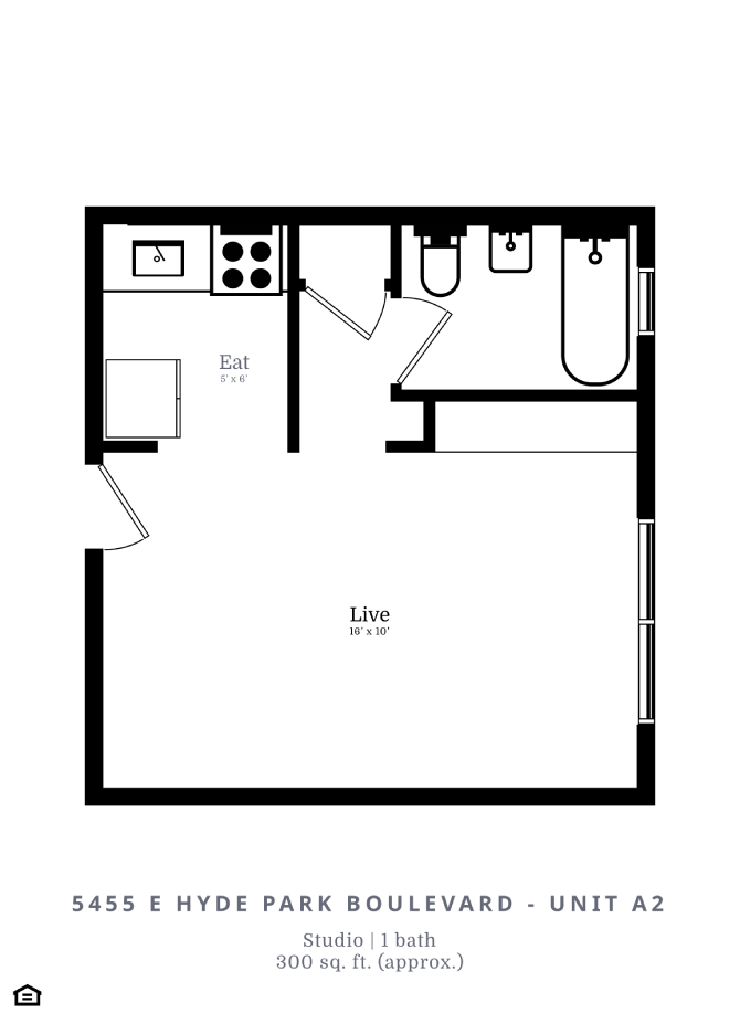 Floor plan for studio, 1 bath, 300 sqft